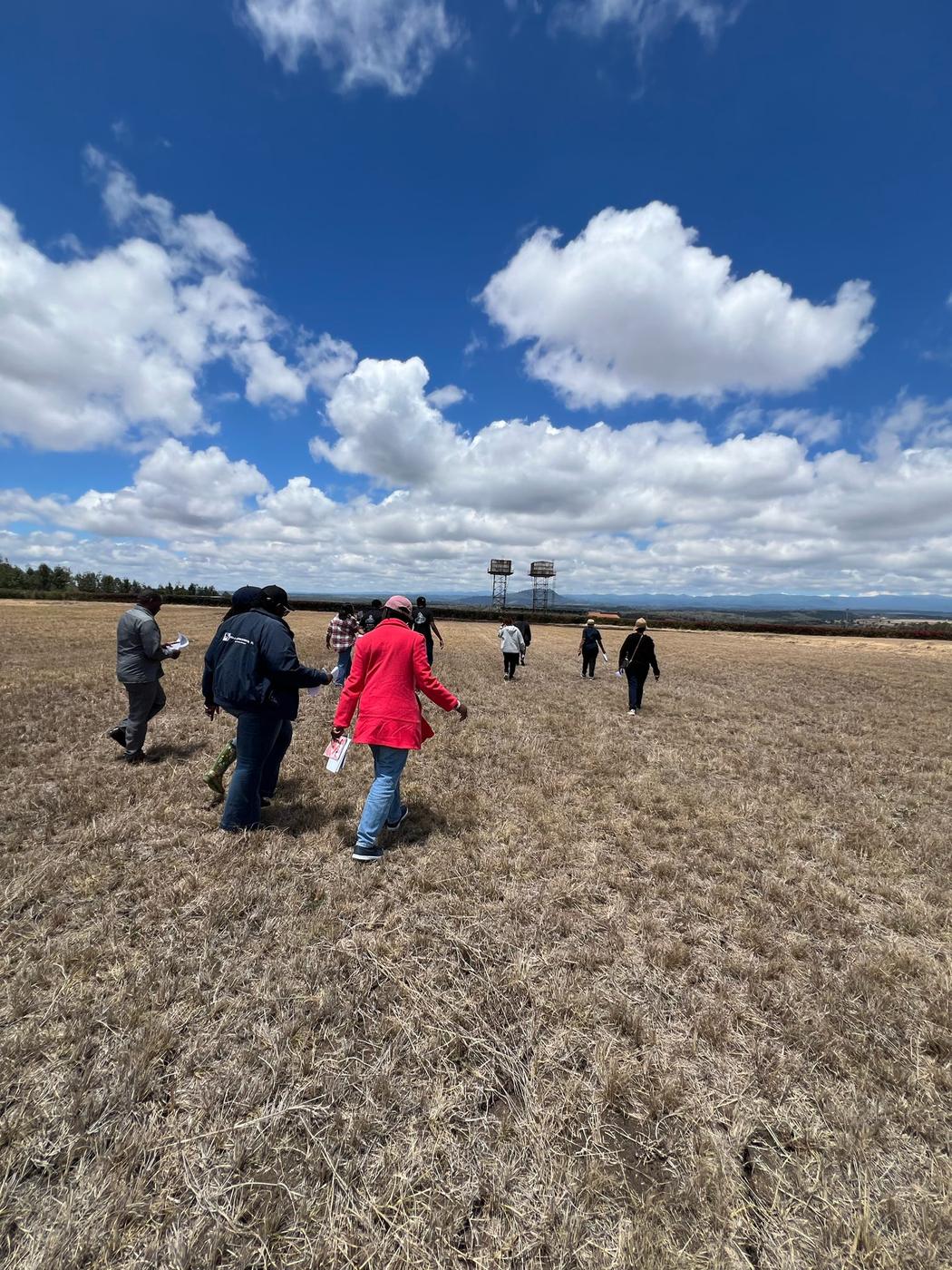 Buyers and the Ethacah team walking across open land at Chaka, Nyeri