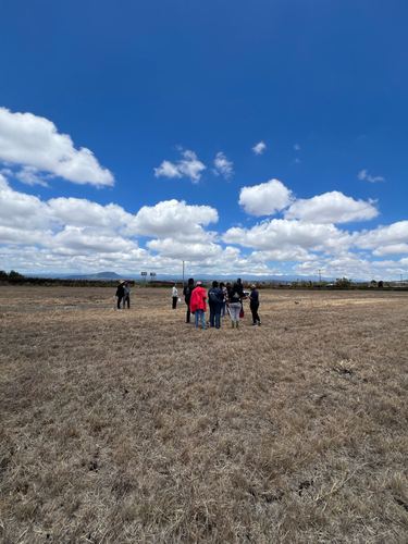 People standing on the land, mountains in the distance